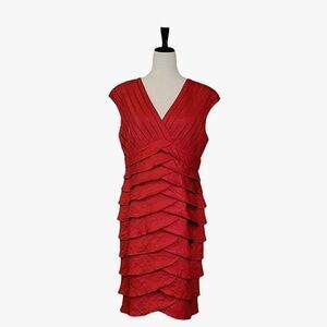 Adrianna Papell Red V-neck Cascading Ruffle Slim Fit Special Occasion Dress